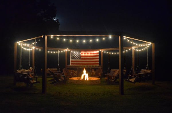 DIY Fire Pit Pergola With Lights And Flags