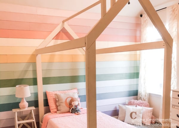 Kids Bedroom Wall Rainbow Shiplap With DIY House Bed Frame, Home Kimprovements For Remodelaholic Feature
