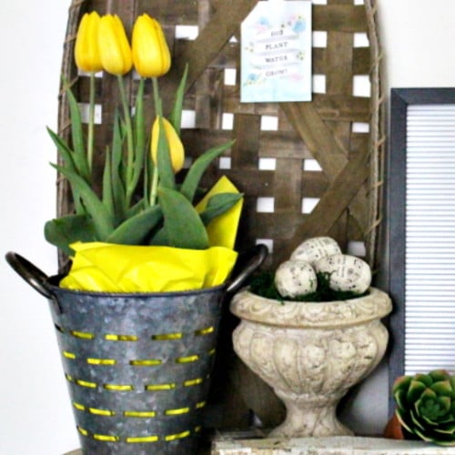 Spring Decor, Yellow Tulips In Metal Basket